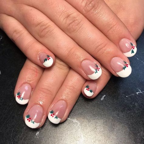 10. Holly Berries French Manicure Red And Green Christmas French Tips, French Manicure With Christmas Design, Christmas French Nails Design, Holly Nails Christmas, French Tip Holiday Nails, Holiday French Nails, Red French Nails Design, Holly Berry Nails, Christmas Holly Nails