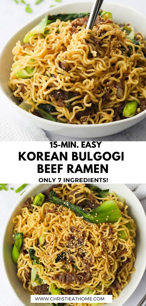 Bulgogi Beef Ramen. Sweet, savoury tender beef stir fried with chewy ramen and bok choy in a bulgogi sauce. This super simple recipe only calls for 7 ingredients unlike most noodle dishes that call for 10+ more ingredients. That’s because we are using a little cheat – store bought bulgogi marinade with pear puree! Ready in 15 mins. #ramen noodle hacks #bulgogi #korean #ramen #noodles #noodle #asianrecipes #koreanfood #asianfood #koreanrecipe Bulgogi And Noodles, Bulgogi Noodle Bowl, Bulgogi Ramen, Bulgogi Noodles, Ramen Upgrade, Ramen Noodle Hacks, Ramen Meals, Korean Ramen Noodles, Ramen Ingredients