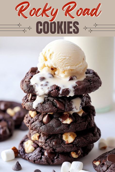 These ultra-thick, ooey-gooey rocky road cookies are packed with chocolate chips, melty marshmallows, and crunchy nuts. They're pure indulgence! Rocky Road Fluff, Rocky Road Cookies Recipe, Fudgy Cookies, Jumbo Cookies, Rocky Road Cookies, Amish Sugar Cookies, Rocky Road Recipe, Cookie Brownie Bars, Toffee Bits