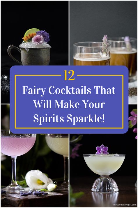 Collage of 4 fairy cocktails. Fairy Forest Theme Party, Masquerade Party Drinks, Enchanted Bachelorette Party, Fairy Mocktails, Fairytale Drinks, Cottage Core Cocktails, Enchanted Forest Drink Ideas, Acotar Recipes, Enchanted Dinner Party