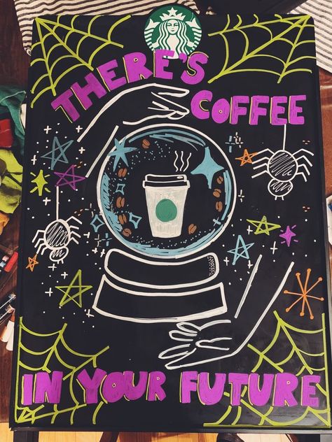 Fall Coffee Sign Ideas, Starbucks Fall Board, Halloween Starbucks Chalkboard, Starbucks A Frame Sign, Fall Chalkboard Art Starbucks, Starbucks Boards Ideas, Fall Restaurant Chalkboard, Barista Board Ideas, Starbucks Chalk Signs