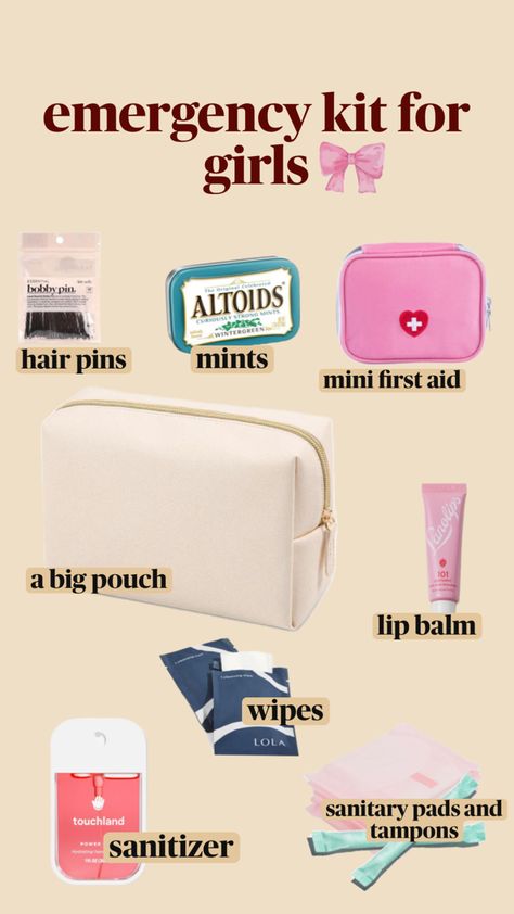 essentials kit for girls for school, work, hike, etc. sanitary pads, sanitizer, wipes, lip balm, mints Emergency Kit For Girls, Mini Emergency Kit, Healthy Period, Scent Combos, Mint Hair, Period Hacks, Mini One, Sanitary Pads, Emergency Kit