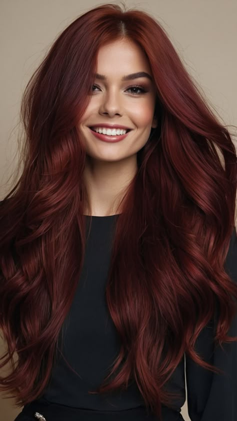 Achieve a stunning look with cherry cola hair color - perfect for brunettes formulated to bring out the natural beauty of dark curly hair Add highlights for a touch of sophistication that complements brown skin tones blending seamlessly with balayage techniques Ideal for those with pale skin or a chocolate complexion this hue is versatile and chic on short black hair or for those with Indian skin Elevate your style with this rich deep shade that exudes elegance and charm Cherry Red Brunette Hair, Cool Tone Red Hair Pale Skin, Cherry Red Hair Pale Skin, Red Hair Olive Skin Tone, Red Hair On Brunette, Dark Chocolate Red Hair, Brown Eyes Hair Color Ideas, Mahogany Hair Colour, Natural Dark Red Hair