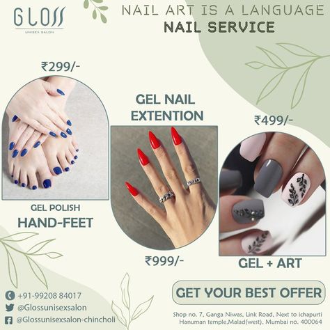 Special Offer For Your Nails. Get Gel Polish Service At Just @ 299 /- #reopenyourself Book Your Appointment Now. - Gloss Unisex Salon Provides You a Better Quality of Product & Services. - Now get the best of expert under one roof @glossunisexsalon19 - All you have to do is book your appointment with Gloss Unisex Salon on Call +91 9920884017 #nails #gailpolish #nailart #beauty #hairs #gloss #glossunisexsalon19 #glossunisexsalon #nailspaints #bridalmakeup #prebridal #skincare #hairstyle Offer Poster, Pre Bridal, Dark Evil, Nail Design Video, Nail Salon Design, Nail Prices, Beauty Nails Design, Art Promotion, Phone Wallpaper Quotes