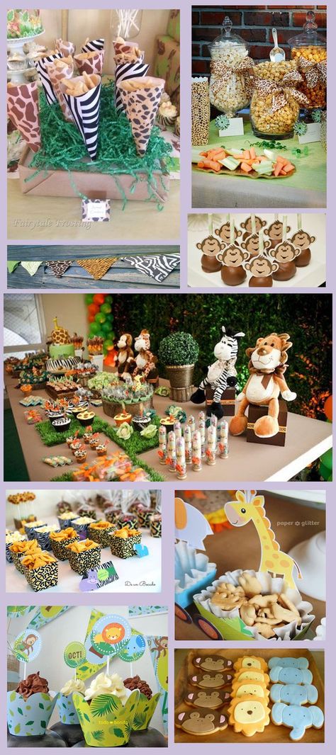 Birthday Theme Jungle Safari, Football Cookout Ideas, Wild Jungle Theme Party, Jungle Shower Theme, 1st Safari Birthday Party, Jungle Party 1st Birthday, Jungle Safari Food Ideas, 1st Birthday Party Ideas Wild One, Jungle 3rd Birthday Party