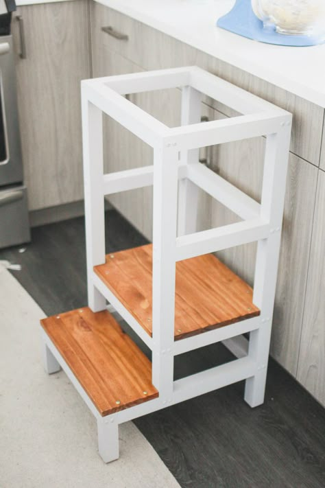 Diy Montessori Step Stool, Diy Toddler Stool For Kitchen, Kitchen Helper Tower Diy, Kids Kitchen Helper Stool, Toddler Helper Stool Diy, Diy Kitchen Stool For Kids, Kitchen Helper Stool Diy Plans, Montessori Tower Diy, Diy Kitchen Stools