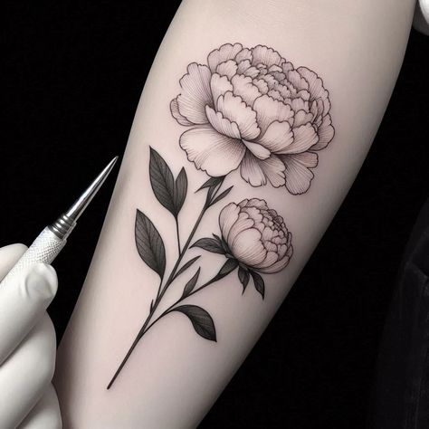 Peony Flower Fineline Tattoo: Elegant Birth Flower Tattoo for November Couples Matching Tattoo Idea, November Birth Flower Tattoo, November Tattoo, Name Flower Tattoo, November Birth Flower, Chrysanthemum Tattoo, Peony Tattoo, Hand Tattoos For Girls, Fineline Tattoo