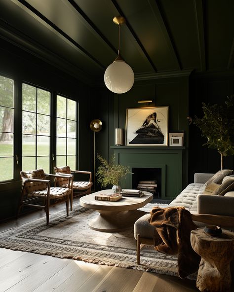 The Best Color Drenching Interior Ideas - Decoholic Fireplace Turned Into Bookcase, Dark And Moody Office Cozy, Moody Den With Fireplace, Dark Cozy Office, Moody Green Living Room, Moody Fireplace, Home Office Fireplace, Moody Den, Theatre Foyer