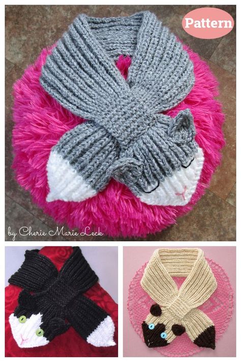 Kitty Keyhole Scarf Knitting Pattern Knitted Scarf Patterns, Cat Scarf Pattern, Keyhole Scarf, Childrens Scarf, Knitted Projects, Scarf Knitting Pattern, Knitted Slippers Pattern, Circular Knitting Machine, Knitting Patterns Free Scarf