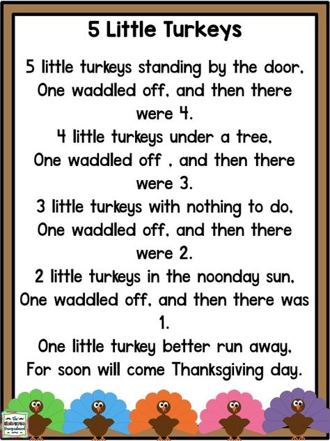 Turkeys, Subtraction And Veteran's Day: Schedulin' Sunday | The Kindergarten Smorgasboard Fall Poems For Kindergarten, 5 Little Turkeys Poem, Thanksgiving Fingerplays For Preschoolers, November Fingerplays, 5 Little Turkeys Song, Thanksgiving Activity For Toddlers, Turkeys Preschool Activities, Thanksgiving Poems For Preschoolers, Turkey Fingerplays