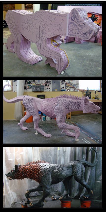 I was looking for a Cujo type so thanks whoever pinned this:  Did some one call for a Terror Dog.  The things you can make out of pink foam! Styrofoam Halloween Props, Diy Halloween Props, Foam Sculpture, Demon Cat, Diy Haunted House Props, Foam Carving, Pink Diy, Casa Halloween, Halloween Props Diy