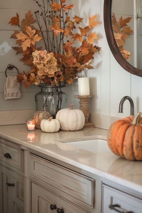 Fall Shelf Styling Living Room, Fall Decor Ideas For The Home Bathroom, Cozy Fall Decor Bathroom, Fall Apartment Decor Kitchen, Fall Decor Ideas For The Apartment, Fall Modern Farmhouse Decor, Home Organization Amazon, Fall Decor Inspo 2024, Seasonal Bathroom Decor