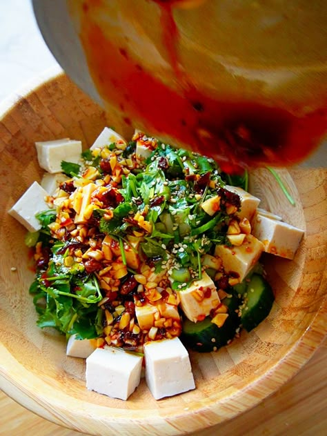 Salad With Chili, Cold Tofu, Marinated Cucumbers, Chili Crisp, Crispy Shallots, Tofu Salad, Firm Tofu, English Cucumber, Tofu Recipes