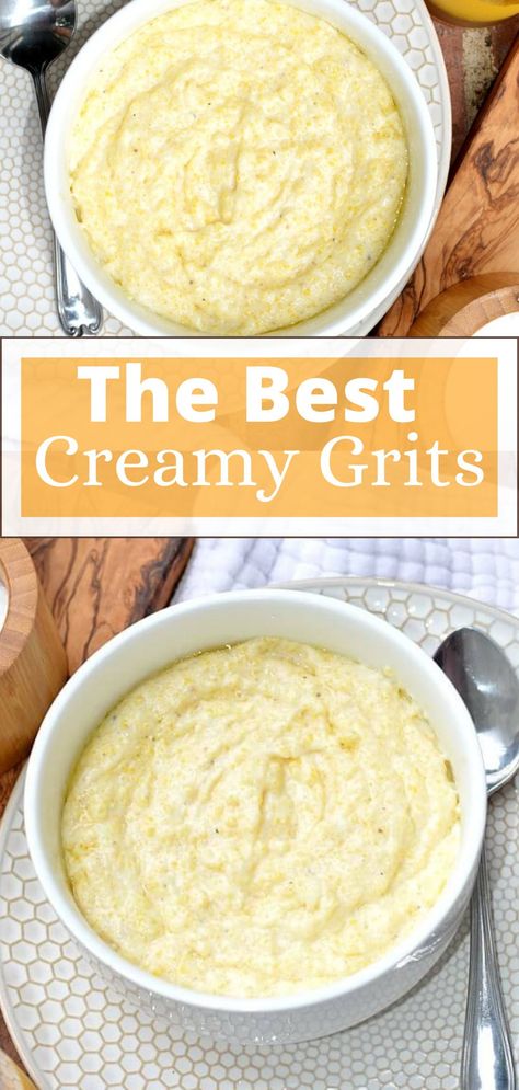 Best Creamy Grits, Healthy Grits Recipe Breakfast, Grits And Gravy Recipe, Quick Grits Recipe Breakfast, How To Make Creamy Grits, Hominy Grits Recipe, Grits Bar Brunches, Creamy Cheesy Grits Recipe, Grits Recipe Sweet