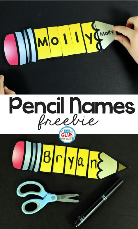 Pencil Names – Name Building Practice Printable comes with eight editable pages, containing two pencils. Each pencil has pieces for two letter names up to nine letter names. Name Building, Name Activities Preschool, Kindergarten Names, Preschool Names, Name Practice, All About Me Preschool, Name Recognition, Name Crafts, Name Game