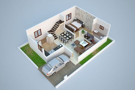 3D Ground Floor Plan Design of Duplex (1280 Sq. Ft.) Ground Floor Plan - 720 Sq. Ft. for Wish Town Township Project at Shivala Patna Reka Bentuk Rumah Kecil, Dröm Hus Planer, 20x30 House Plans, Home Designs Exterior, 2bhk House Plan, Duplex Plans, Indian House Plans, 3d House Plans, Two Bedroom House