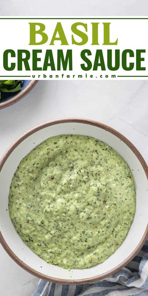 You'll love this basil cream sauce recipe! This sauce idea is ready in just 15 minutes. Creamy and full of fresh flavor, this basil sauce is a great compliment to any pasta. Try this homemade condiment today! Basil Pasta Sauce Recipes, Basil Dipping Sauce, Basil Cream Sauce Pasta, Creamy Basil Sauce, Savory Sauce Recipes, Basic Cream Sauce, Basil Aioli Recipe, Basil Sauce Recipe, Pasta Mama