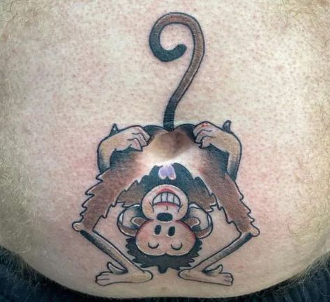 24 Belly Button Tattoo Design Ideas You'll Want To See - Tattoo Twist Comedy Tattoo, Tattoo Belly, Belly Button Tattoos, Lower Belly Tattoos, Mischievous Character, Belly Button Tattoo, Modern Tattoo Ideas, Button Tattoo, Monkey Tattoo