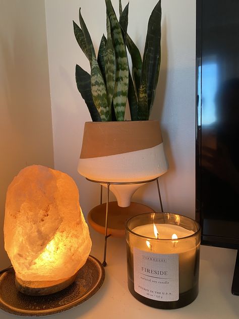 Snake plant, salt lamp, candle, Pottery, Anthropologie Salt Lamp, Salt, Vase, Plants