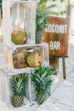 A Tropical Destination Wedding at Ak'iin Beach Club in Tulum Coconut Bar, Flower Event, Tropical Bar, Havana Nights Party, Coconut Drink, Tropical Destination Wedding, Tropical Beach Wedding, Event Organizer, Coconut Bars