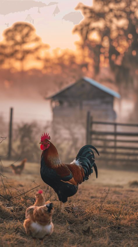 Witness the timeless beauty of rural mornings, where a vigilant rooster stands tall amidst dewy grass, his vibrant plumage a stark contrast to the soft, misty backdrop of the awakening farm. #SunriseFarm #GoldenGlow #ChickenWallpaper#CountrysideCharm #summerwallpaper Autumn Sketchbook, Sunrise Farm, Chicken Wallpaper, Country Rooster, Farm Pictures, Farm Photography, Farm Lifestyle, Farms Living, Rural Life