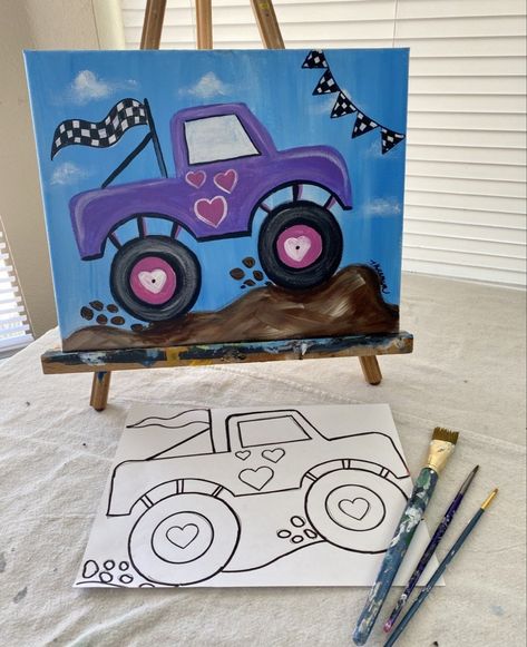 Perfect for a kids paint party. PDF tutorial download kids painting lesson plus video. Learn to paint two styles of big trucks. Monster Truck Painting Canvas, Kids Acrylic Painting, Monster Truck Drawing, Tracie Kiernan, Monster Truck Art, Painted Buckets, Kids Paint Party, Truck Painting, Painting With Kids