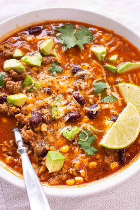 Southwest Soup Recipe, Ground Turkey Taco Soup, Taco Chili Soup, Turkey Taco Soup Recipe, Turkey Taco Chili, Soup With Ground Turkey, Crockpot Ground Turkey, Turkey Tortilla Soup, Turkey Taco Soup