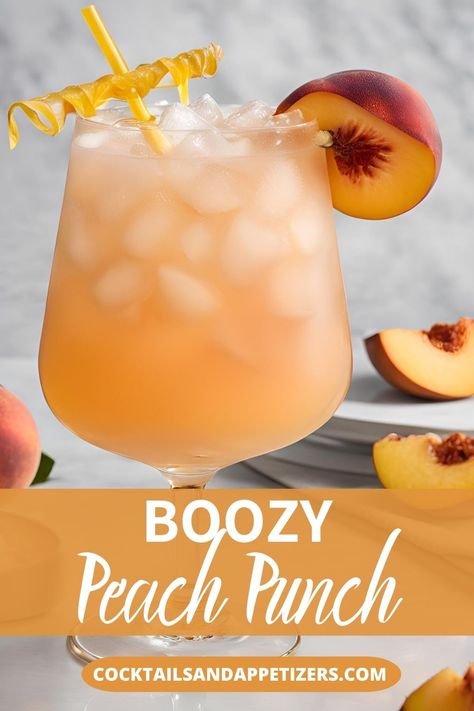 This boozy Peach Punch is made with peach whiskey, champagne, peach juice and Sprite. Perfect large batch cocktail for a crowd. Serve in a punch bowl or in cocktail glasses. Great alcoholic punch recipe for Christmas parties and winter holiday parties or as a summer party punch recipe. Peach Punch Alcoholic, Large Batch Alcoholic Drinks, Peach Cider Cocktail, Big Batch Summer Cocktails, Peach Juice Cocktail, Peach Drinks Alcohol, Party Punch Recipes Alcoholic, Peach Whiskey Cocktails, Large Batch Party Cocktails