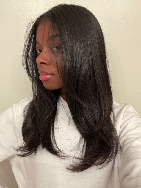 Thick Straight Hair Black Women, Aesthetic Silk Press, Relaxed Hair Haircuts, Long Layers Medium Length Hair Black Women, Sew In Natural Look, Straightening Hair Black Women, Long Straight Hair Black Women Natural, Straight Hair Black Women Natural, 16 Inch Sew In Weave Straight