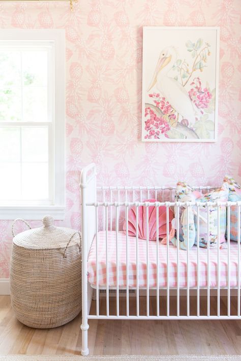 Pink Coastal Inspired Nursery Lilly Pulitzer Nursery Ideas, Coastal Grandma Nursery, Pink Coastal Nursery, Coastal Baby Girl Nursery, Coastal Nursery Girl, Lilly Pulitzer Nursery, Pink Pineapple Wallpaper, Pink Coastal Bedroom, Pink Girly Room