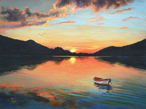 Sunset over a Mountain Lake - Acrylic Painting Landscape Sunset Painting, Mountain Sunset Painting, Acrylic Sunset, Drawing Sunset, Sunset Landscape Painting, Sunset Painting Acrylic, Sunrise Painting, Sunrise Art, Mountain Painting