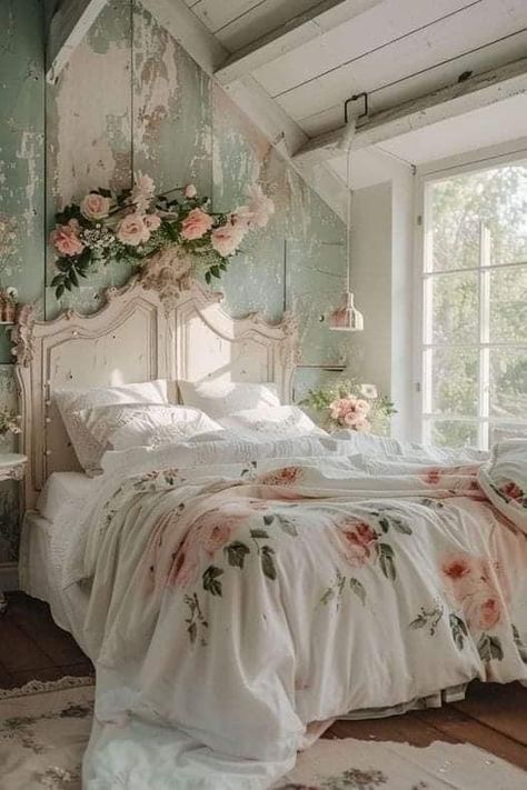 Simple Floral Bedroom Ideas, Vintage And Modern Decor Mixing Bedroom, Shabby Chic House Decor, Grandma Chic Bedroom, Day Bedroom Ideas, Vintage Floral Bedroom, Shabby Chic Bedrooms Romantic, Washrooms Ideas, Shabby Chic Bedroom Ideas