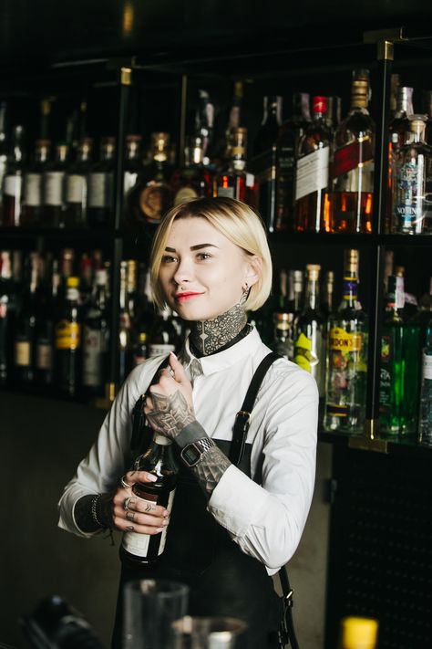 Bartender Poses Reference, Bartender Photoshoot, Bartenders Photography, Bartender Uniform, Female Bartender, Bartender Outfit, Bar Tender, Fireplace Furniture, Book Dress