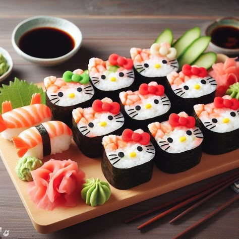 Hello Kitty Sushi, Bolo Da Hello Kitty, Sanrio Food, Hello Kitty Food, Hello Kitty Things, Kawaii Cooking, Cute Snacks, Easy Food Art, Hello Kitty Stuff