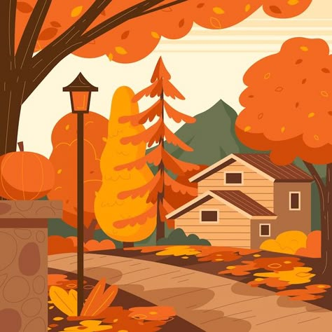 Autumn Scenery Illustration, Fall Background Illustration, Spring Vector Art, Fall Season Illustration, Fall Vector Illustrations, Autumn Vector Illustration, Vector Illustration Styles, Vector Illustration Background, Cute Autumn Drawings