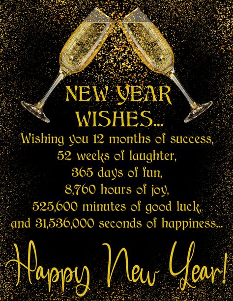 Wishing you 12 months of success, 52 weeks of laughter, 365 days of fun, 8,760 hours of joy, 525,600 minutes of good luck, and 31,536,000 seconds of happiness... HAPPY NEW YEAR! Happy 2024 Design, 31 December Quote New Years, New Years Wishes 2024, New Years Greetings Messages, Happy New Years 2024, Happy New Years Eve Wishes, New Year Wishes 2023 Images, Happy 2024 New Year, Happy New Year 2024 Design