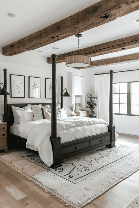 bright modern farmhouse bedroom Wooden Beams In Bedroom, Industrial Farmhouse Bedroom Master Suite, Modern Farmhouse Master Bedrooms Decor, Farm Houseplans Interior Design Bedroom, Master Farmhouse Bedroom, Barndominium Bedroom Ideas, Modern Farmhouse Master Bed, Farmhouse Master Bedrooms Decor, Farmhouse Master Bed