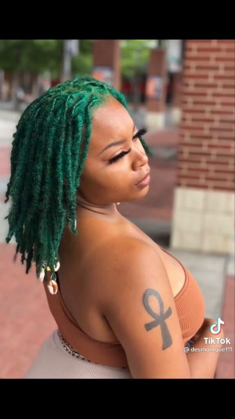 Emerald Green Locs Black Women, Green Dreadlocks Black Women, Mint Green Locs, Dyed Loc Tips Hair Colors, Dark Green Locs Black Women, Purple And Green Locs, Blue And Green Locs, Dyed Dreads Black Women, Green Locs Black Women