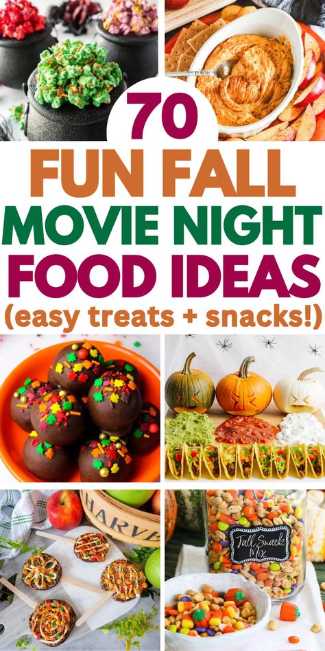 Easy fall movie night snacks and food ideas for your Halloween or fall movie night party. Family Night Snacks, Fall Movie Date Night, Fall Backyard Movie Night, Fun Fall Party Food, Halloween Movie Night Party Food Ideas Family, Fall Themed Movie Night, Flubber Movie Night Food, Fall Movie Night Snack Ideas, Fall Family Movie Night