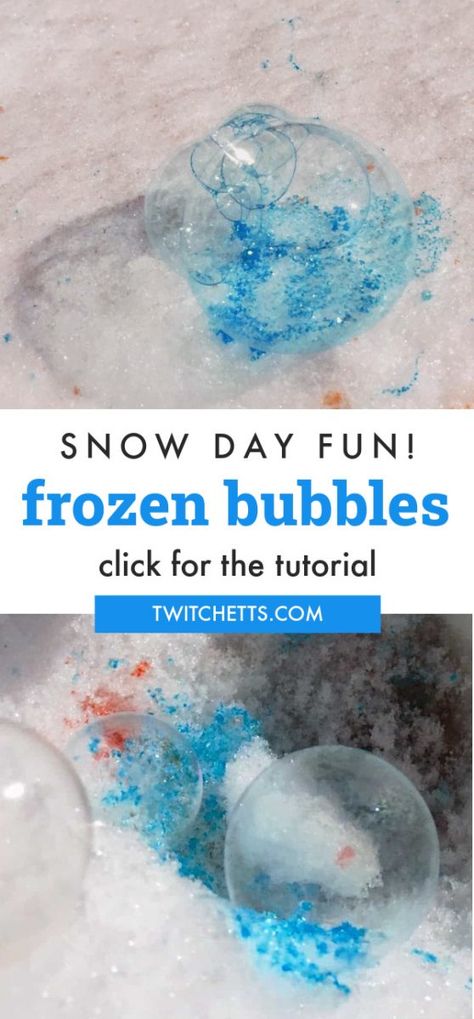 Create snow day memories with this frozen bubbles activity. This winter fun is perfect for kids of all ages. It's a great way to learn about water and ice. A great classroom activity too! #frozenbubbles #winter #snowday #twitchetts Snow Games For Kids, Frozen Classroom, Bubble Activity, Freezing Bubbles, Frozen Water Balloons, Ice Activities, Snow Games, Frozen Bubble, Ice Crafts