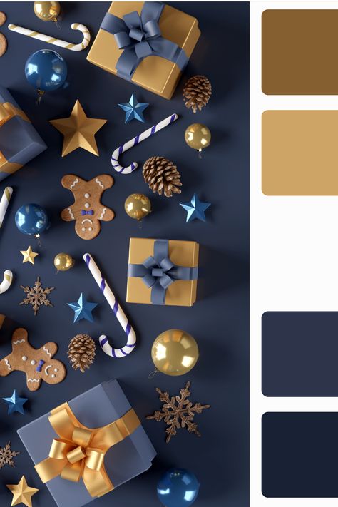 Sleek and sophisticated festive holiday color scheme! 🎄 This modern Christmas color palette combines metallics like silver and gold with a deep  navy blue. Perfect for minimalist decor, stylish gifts, or any project that needs a touch of contemporary Christmas cheer.

Save this color combo to be ready for the festive holiday season. Christmas Palette Colour Schemes, Blue Christmas Color Palette, New Years Color Palette, Christmas Color Palette Colour Schemes, New Year Color Palette, Modern Christmas Color Palette, December Color Palette, Christmas Color Combinations, Christmas Colour Palette