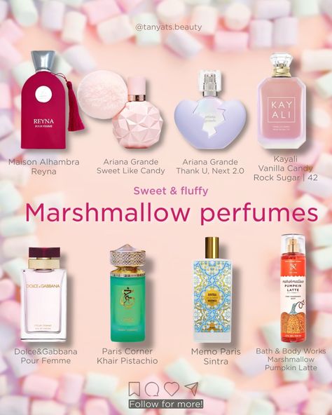 🍡 Tasty, sweet and fluffy — marshmallow note is so popular in perfumes now! Here are some of my favourite scents that carry that sweet sugary vibe: ▫️ Maison Alhambra Reyna — a beautiful and affordable marshmallow / orange blossom scent. I’ve included it into this list instead of PDM Oriana since they are really similar. ▫️ Ariana Grande Sweet Like Candy — she’s the queen of marshmallow perfumes, and this composition smells exactly how it’s called. If you like mashmallows, it can be eve... Orange Blossom Perfume, Marshmallow Perfume, Ariana Grande Sweet Like Candy, Kayali Vanilla, Marshmallow Pumpkin Latte, Ariana Grande Thank U Next, Candy Perfume, Blossom Perfume, Sweet Perfume