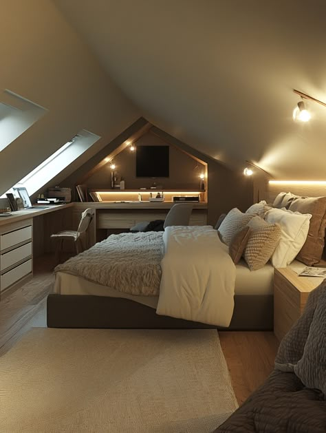 49 Creative Attic Bedroom Ideas to Enhance Your Home Loft Room Conversion, Bedroom Decor Loft, Chalet Bungalow Bedroom Ideas, Bed Under Velux Window Ideas, Uk Attic Bedroom, Roof Space Bedroom, Attic Aesthetic Bedroom, Duplex Bedroom Ideas, Attic Bedroom Furniture Ideas