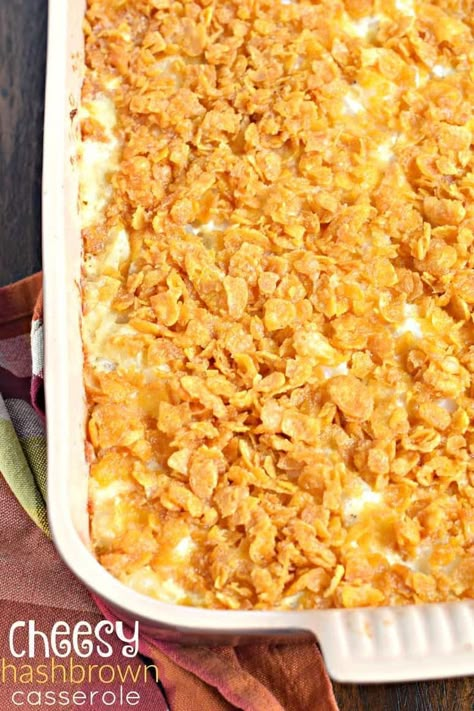 This is a family favorite! Cheesy Hashbrown Casserole in 13x9 with cornflakes