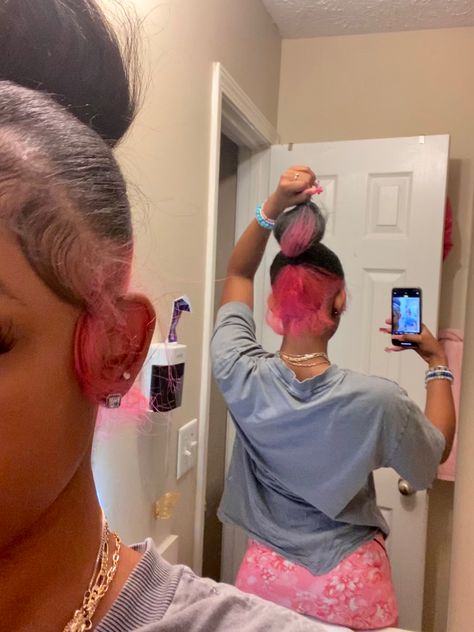 Baddie Dyed Natural Hair, Color Hair Ideas Natural, Dyed Hair Color Ideas For Black Women Natural Hair, Hairstyles With Skunk Stripe, Dyed Hair Slick Back, Pink Patch Hair, Blonde And Pink Dyed Hair, Peekaboo On Natural Hair, Adore Pink Blush Hair Dye