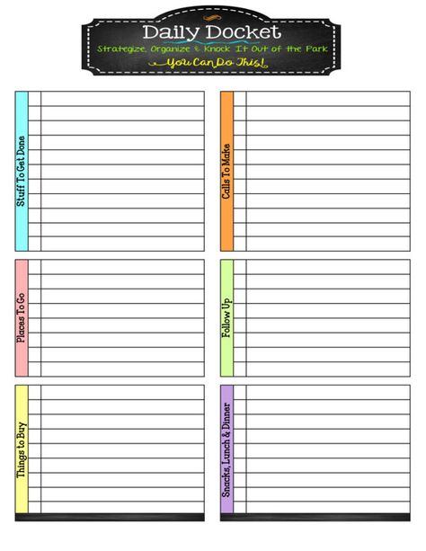 Colorful PRINTABLE Daily Docket Daily Planner Daily To Do #organization #printable #downloadable #plannerinserts #plannergirl #mambi #colorful #dailydocket #daily #docket #bright Daily Docket, Binder Notes, Arc Planner, Home Binder, Vintage Guide, Mambi Happy Planner, Planner Obsessed, Product Marketing, Bullet Journal Aesthetic