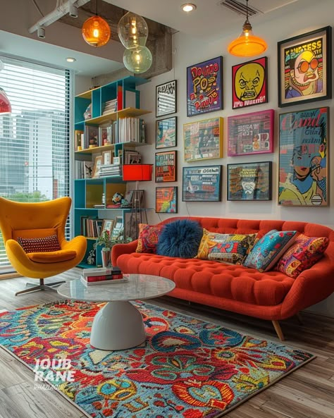 Funky Rug Living Room, Modern Pop Living Room, Funky Small Living Room, Electric Style Living Room, Artist Living Room Inspiration, Cozy Funky Living Room, Pop Art Living Room Ideas, Maximalist Living Room Ideas, Colorful Maximalist Decor Living Room