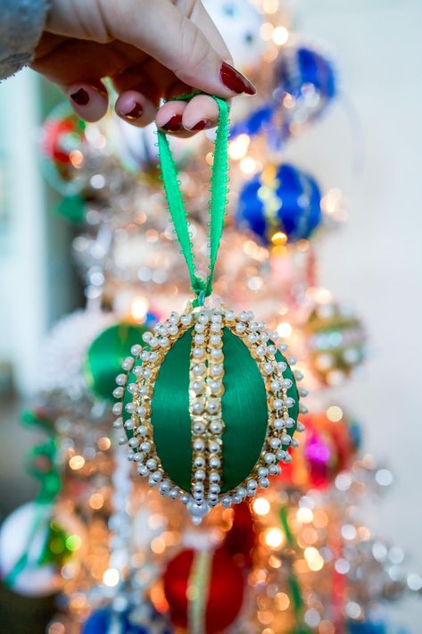 DIY: How to Make Hand Made Push Pin Beaded Ornaments | New York City Fashion and Lifestyle Blog | Covering the Bases How To Make Jeweled Christmas Ornaments, Bead And Sequin Ornaments Diy Christmas, Handmade Beaded Ornaments, Jeweled Christmas Ornaments Diy, Diy Sequin Ornaments, Vintage Christmas Ornaments Diy, Beaded Christmas Ornaments Diy, Push Pin Ornaments, Ball Ornaments Diy