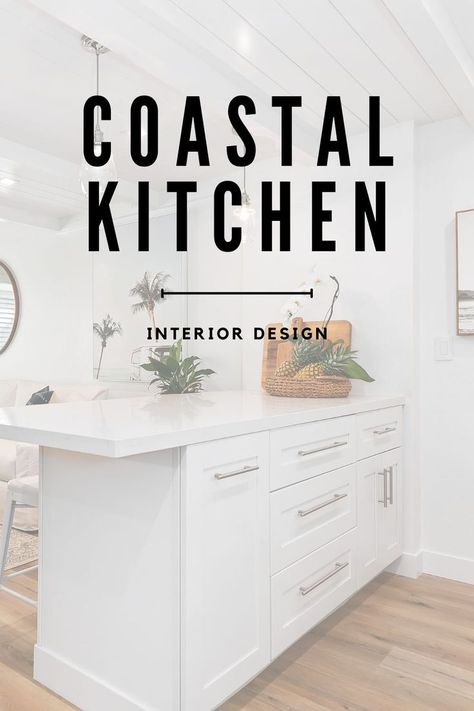 White Coastal Kitchen Backsplash, Coastal Boho Interior Kitchen, Modern Coastal Kitchen Cabinets, Coastal Kitchen Islands, Small Beach Kitchen Ideas, California Coastal Kitchen Design, Coastal Farmhouse Kitchen Cabinets, Coastal Boho Kitchen Ideas, Beach Kitchens Coastal