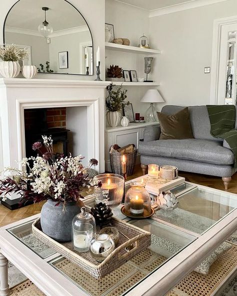 Dressing A Coffee Table, Glass Table Living Room, Alcove Ideas Living Room, Glass Table Decor, Alcove Ideas, British Homes, Stone Planter, Lounge Dining Room, Lovely Sunday